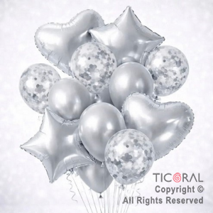 SET DE GLOBOS METALIZADOS ESTRELLA CORAZON CONFETI Y LATEX PLATA x 14 UNIDADES